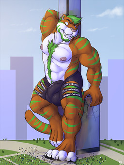anthro balls_outline building building_destruction bulge clothed clothing destruction detailed_bulge ear_piercing ear_ring front_view fur genital_outline glistening glistening_eyes green_eyes green_hair grin hair looking_aside macro male markings muscular muscular_anthro muscular_male nipples orange_body orange_fur pecs penis_outline piercing ring_piercing short_hair smile solo standing striped_arms striped_legs striped_markings striped_tail stripes tail tail_markings topless white_body white_fur solaxe_(artist) tigmint felid mammal pantherine tiger 3:4