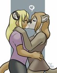 2010 alison_(goldfur) anthro blonde_hair breasts brown_body brown_fur brown_hair chakona_space cougar dipstick_ears duo ear_markings ear_piercing ear_ring eyes_closed felid feline female female/female french_kissing fur hair heart_reaction heart_symbol kissing mammal mitti multicolored_ears pictographics piercing ring_piercing speech_bubble stargazer_(goldfur)