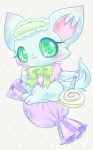 blue_body blue_fur blush candy dessert female feral food frilly fur green_eyes lollipop pink_body pink_fur simple_background sitting smile solo wrapper mirun_migyu jewelpet sanrio sega sega_fave milky_(jewelpet) canid canine canis chihuahua domestic_dog mammal toy_dog