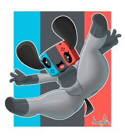 4_fingers anthro anthrofied female fingers looking_at_viewer open_mouth open_smile pattern_background simple_background smile solo spread_legs spreading tongue jhenightfox nintendo nintendo_switch switch_dog absurd_res digital_media_(artwork) hi_res signature