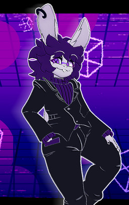abstract_background anthro black_bottomwear black_clothing black_nails black_pants black_suit bottomwear buckteeth choker clothing colored_nails cross_pupils ear_piercing ear_ring eyebrows fur hair hand_in_pocket jewelry long_sleeves looking_at_viewer male messy_hair nails necklace pants piercing pockets purple_clothing purple_eyes purple_hair purple_sweater purple_topwear ring_piercing short_hair smile smiling_at_viewer solo suit sweater teeth topwear turtleneck white_body white_eyebrows white_fur cryptiacurves cryptiacurves_(modeler) cryptia lagomorph leporid mammal rabbit 3d_(artwork) digital_media_(artwork) purple_theme