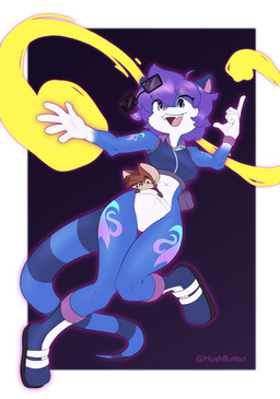 anthro blue_body blue_fur brown_body brown_fur clothing female footwear fur hair purple_hair shoes solo white_body white_fur hush_button lemur mammal primate strepsirrhine absurd_res character_request hi_res