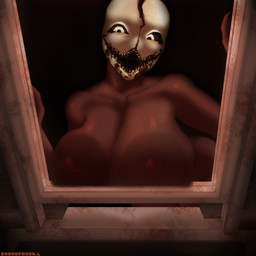 areola big_breasts blood blood_in_mouth blood_on_face blush bodily_fluids breasts bunker detailed_background female flirting glass happy horror_(theme) huge_breasts looking_at_viewer metal monster_girl_(genre) nightmare_fuel nipples nude open_mouth outside presenting presenting_breasts red_body smile smiling_at_viewer solo teeth white_eyes window grandpaman humanoid mammal monster 1:1 digital_media_(artwork) hi_res