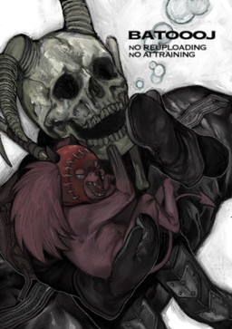 bone bone_mask clothed clothing feral holding_another mask open_mouth skull skull_mask spade_tail tail yawn batooo_j dorohedoro ebisu_(dorohedoro) kikurage_(dorohedoro) chimera human mammal