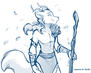 accessory anthro antlers arm_wraps bottomwear carrying_another chest_tuft clothed clothing druid duo feather_in_hair feathers female feral hair hair_accessory holding_object horn leaf loincloth looking_aside loose_feather magic_user male navel on_shoulder simple_background smile solo_focus staff topless topless_male tribal_spellcaster tuft white_background wind wraps conditional_dnp tom_fischbach twokinds mrs._nibbly sythe_(twokinds) canid canine canis keidran mammal rodent sciurid tree_squirrel wolf 2021 adobe_photoshop_(artwork) blue_and_white digital_media_(artwork) hi_res monochrome sketch