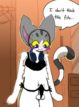 anthro balls bikini blush bodily_fluids clothed clothing electronics erection fur genitals headphones kazoomi male penis raised_clothing solo speech_bubble sweat sweatdrop swimwear tenting text two-piece_swimsuit bernabus domestic_cat felid feline felis mammal absurd_res hi_res