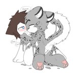 ambiguous_gender anthro blue_eyes blush blush_lines bodily_fluids brown_hair deep_kiss duo eyes_closed fur goo_transformation grey_body grey_fur hair inner_ear_fluff interspecies kiss_on_lips kissing kneeling looking_at_another male markings multicolored_body multicolored_fur pawpads paws saliva simple_background sitting species_transformation speech_bubble spots spotted_body spotted_fur transformation transformation_through_kiss tuft white_background white_body white_fur white_inner_ear white_inner_ear_fluff chano changed_(video_game) leopard_(changed) lin_(changed) felid goo_creature human mammal pantherine snow_leopard 1:1