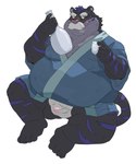 anthro belly black_body blush bulge drunk facial_hair humanoid_hands kemono male mature_male melanistic mustache overweight overweight_male simple_background sitting solo substance_intoxication tongue tongue_out white_background bluewhale127 felid mammal pantherine tiger 2022 hi_res