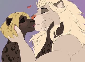 ambiguous_gender anthro blonde_hair blush claws duo eyes_closed fur hair heart_symbol intimate kissing leopard_spots male male/ambiguous melanistic pawpads pink_nose romantic simple_background smile spots tongue whiskers white_body omez sebi zubu felid feline leopard lion mammal pantherine hi_res