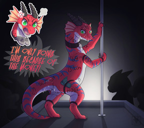 anus bodily_fluids butt claws clothing collar cum cum_on_butt cum_on_face dancing female feral fishnet_clothing fishnet_legwear genital_fluids genitals green_eyes group horn legwear male male/female pole pole_dancing red_body smile speech_bubble stripper stripper_pole tail text vulva n1k0 angels_with_scaly_wings anna_(angels_with_scaly_wings) dinosaur dromaeosaurid prehistoric_species reptile saurischian scalie theropod english_text hi_res