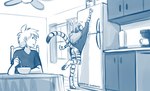 4_toes anthro appliance bottomless bottomless_anthro bottomless_female bowl butt cereal_box clothed clothed_anthro clothed_female clothed_human clothed_male clothing container cutlery digitigrade duo eating eyes_closed feet female fingers fridge fur furniture hair holding_spoon inside kitchen kitchen_appliance kitchen_utensils looking_at_another male markings partially_clothed partially_clothed_anthro partially_clothed_female pawpads paws reaching reaching_for_object sitting smile spoon standing striped_body striped_fur striped_markings striped_tail stripes table tail tail_markings toes tools topwear topwear_only window conditional_dnp tom_fischbach twokinds flora_(twokinds) trace_legacy felid human keidran mammal pantherine tiger 2025 blue_and_white digital_media_(artwork) hi_res monochrome sketch