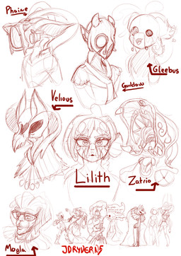 ambiguous_gender anthro asymmetrical_horns bodily_fluids bone cloak clothing curved_horn ears_up electronics eyelashes eyewear facial_markings fangs female glasses group head_markings heart_symbol horn male markings mask microphone muscular muscular_male open_mouth skull skull_head speaker_mouth spider_legs tears teeth wearing_glasses wearing_mask just_dryvern mythology gleebus_(just_dryvern) arachnid arthropod camera_head canid canine canis dragon human humanoid hybrid jackal mammal mythological_creature mythological_scalie reptile scalie snake spider absurd_res digital_media_(artwork) hi_res sketch