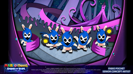 ambiguous_gender anthro blue_cloak blue_clothing blue_sky cloak clothed clothed_ambiguous clothed_anthro clothed_male clothing copyright_symbol crowd featureless_crotch featureless_legs forest fur furrowed_brow group happy hood_up hooded_cloak larger_ambiguous light long_ears looking_at_viewer magic magic_user male mitten_hands night outside pawpads plant purple_cloak purple_clothing purple_ribbon silhouetted_body size_difference sky smaller_ambiguous smaller_anthro smaller_male standing star symbol tan_body tan_inner_ear tan_pawpads tan_skin teeth text title tree white_body white_eyes white_fur white_mask year fabio_pochet mario_bros mario_plus_rabbids_sparks_of_hope nintendo raving_rabbids rayman_(series) ubisoft cursa_(mario_plus_rabbids) stooge_(mario_plus_rabbids) celestial_being lagomorph mammal rabbid 16:9 2022 4k absurd_res artist_name colored crossover digital_drawing_(artwork) digital_media_(artwork) english_description english_text hi_res lighting lineless official_art shaded widescreen female_(lore)