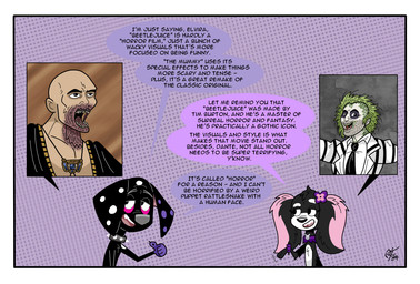 accessory black_body black_fur black_nose border bracelet collar countershade_face countershading duo female feral flower flower_in_hair fur grey_nose hair hair_accessory jewelry male pink_body pink_fur plant purple_collar purple_paws speech_bubble spiked_bracelet spikes spots text white_body white_border white_fur white_spots unclescooter 101_dalmatian_street 101_dalmatians beetlejuice disney the_mummy universal_studios beetlejuice_(character) dante_(101_dalmatians) elvira_(cartooncross) fan_character imhotep canid canine canis dalmatian domestic_dog humanoid mammal mixed_breed mummy undead crossover english_text