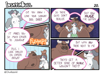 anthro belly big_belly blush brown_body brown_fur clothed clothing double_chin duo erection erection_under_clothing fur green_clothing green_underwear grey_body grey_fur horn huge_belly male male/male moobs morbidly_obese morbidly_obese_male multicolored_body multicolored_fur nipples nude_male obese obese_male overweight overweight_male ring_(jewelry) size_difference smile sound_effects text underwear underwear_only weight_difference white_body white_fur chunkazoid bovid bovine canid canine canis cattle domestic_dog mammal 4:3 comic english_text hi_res