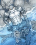 abs anthro barazoku biceps big_muscles biped black_sclera bottomwear clothed clothing fully_submerged_hands fully_submerged_tail gills grin half_submerged hands_in_water jaws knees_out_of_water legs_out_of_water looking_at_viewer male markings muscular muscular_anthro muscular_male partially_submerged pecs reclining sharp_teeth shorts sitting smile solo spread_legs spreading stripes submerged_hands submerged_legs submerged_tail tail teeth topless water yellow_eyes kogawa_kenji fish great_white_shark mackerel_shark marine shark white_shark