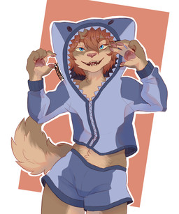 anthro blue_eyes bottomwear clothing fluffy fluffy_tail hair hood male pawpads paws red_hair shark_hoodie shorts smile solo standing tail frank22young canid canine canis domestic_dog mammal absurd_res hi_res