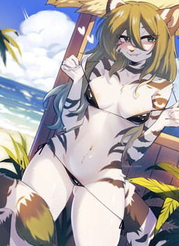 5_fingers anthro beach bikini black_body black_fur black_stripes blonde_hair blush breasts clothed clothed_anthro clothed_female clothing cloud cloudy_sky day dutch_angle female female_anthro fingers fur hair markings outside palm_tree plant sand sea sky smile solo standing striped_body striped_fur striped_markings striped_tail stripes swimwear tail tail_markings tree two-piece_swimsuit water white_body white_fur tyutya_loh123 felid mammal pantherine tiger 2026 digital_drawing_(artwork) digital_media_(artwork) hi_res