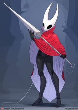 5_fingers anthro black_eyes breasts clothed clothing empty_eyes female fingers genitals holding_object holding_weapon mouthless solo standing text vulva weapon chrysalisdraws hollow_knight_(franchise) team_cherry hornet_(hollow_knight) arthropod 2022 digital_media_(artwork) hi_res url