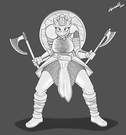 anthro armor axe breasts claws clothed clothing fangs female hair headgear helmet holding_object holding_weapon melee_weapon open_mouth open_smile simple_background smile solo teeth weapon lyorenth-the-dragon mythology dragon mythological_creature mythological_scalie scalie absurd_res hi_res monochrome