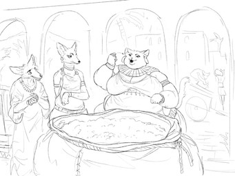 anthro building clothing female group holding_object male obese obese_anthro obese_female outside overweight overweight_anthro overweight_female plant robe sack standing tree trio vehicle wagon cettus empress_isra canid canine canis domestic_cat felid feline felis jackal mammal 2021 monochrome sketch
