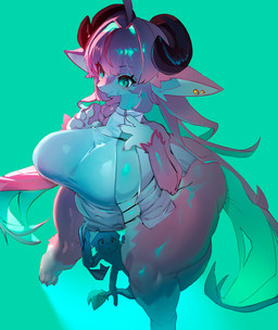 anthro big_breasts blush breasts clothed clothing female fur hair high-angle_view horn huge_breasts macro macro_female non-mammal_breasts overweight overweight_anthro overweight_female piercing simple_background size_difference smile thick_thighs wide_hips wings utterangle mythology dragon mythological_creature mythological_scalie scalie absurd_res digital_media_(artwork) hi_res