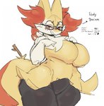 anthro big_breasts biped black_body black_fur breasts dipstick_tail eyewear eyewear_only featureless_breasts female freckled_face freckles fur glasses glasses_only grin huge_breasts looking_at_viewer markings multicolored_body multicolored_fur nerd nude orange_body orange_eyes orange_fur orange_tail simple_background smile solo tail tail_markings text wearing_glasses white_background white_body white_fur yellow_body yellow_fur yellow_tail gikowinko nintendo pokemon braixen generation_6_pokemon pokemon_(species) 2024 english_text hi_res