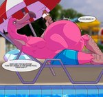 abdominal_bulge anthro beach beach_chair black_body black_fur bottomwear clothing duo feathers food fully_inside fur ice_cream_cone lying male male_pred pink_body pink_feathers seaside shorts text umbrella vore white_body white_fur silverbane4 issac_(potatoflamingo) avian bird flamingo mammal english_text hi_res