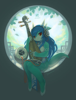anthro asian_clothing athletic blue_hair blue_sky chinese_clothing chinese_dress clothing colored_skin dragon_horn dragon_tail dress east_asian_clothing electronics eyeliner female floating_hair forest green_body green_scales green_skin hair head_tilt headphones high_collar horn inside light long_hair looking_at_viewer makeup mandarin_collar mouth_closed music musical_instrument nature non-web_source pipa_(instrument) plant playing_music purple_hair red_eyes scales sky solo speaker sunlight tail text three-quarter_view translucent translucent_horn tree tsurime white_eyeliner white_hands window tyson_tan mythology spirit_animals_in_disguise airlemi_(character) dragon mythological_creature mythological_scalie scalie 2015 absurd_res digital_media_(artwork) hi_res krita_(artwork) signature