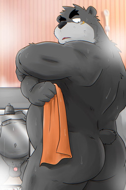 anthro balls belly black_body black_nose butt flaccid genitals kemono male micropenis navel nude nude_anthro nude_male overweight overweight_male penis small_penis solo standing steam towel shibatanukiti bear mammal 2025 hi_res