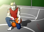 animal_genitalia animal_penis anthro athlete ball balls balls_touching barefoot basketball_(ball) basketball_court biped blonde_hair blue_bottomwear blue_clothing blue_eyes bottomwear canine_genitalia canine_penis clothed clothing denim denim_bottomwear denim_clothing digitigrade erection feet fondling fur genitals hair high-angle_view holding_ball holding_object inner_ear_fluff jeans kneeling knot looking_at_viewer male muscular muscular_anthro muscular_male on_one_knee open_bottomwear open_clothing open_pants outside pants partially_clothed penis penis_poking_out public public_erection rainbow red_clothing red_topwear shirt sitting_on_ball sleeveless smile solo tank_top tattoo topwear tuft ashdragonfire canid canine canis mammal wolf 2010 digital_media_(artwork)