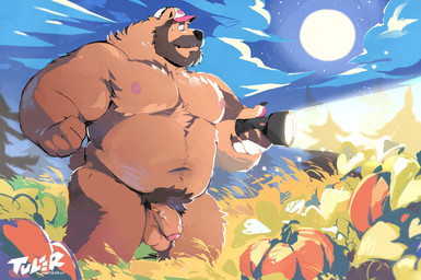 anthro balls barazoku beard belly bodily_fluids brown_body brown_fur bulge burly clothing detailed_background facial_hair flaccid flashlight food foreskin fruit fur genital_fluids genitals hat hat_only headgear headgear_only headwear headwear_only holding_flashlight holding_object humanoid_genitalia humanoid_penis light male moon moonlight mostly_nude musclegut muscular mustache night nipples outdoor_nudity outside overweight overweight_anthro overweight_male pecs penis pink_baseball_cap plant precum pubes pumpkin pumpkin_patch saggy_balls sky solo standing stocky super-tuler scruffy_(scruffybeast) bear brown_bear mammal ursine absurd_res hi_res
