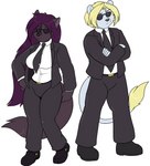 5_fingers anthro black_body black_fur black_nose blonde_hair breasts clothed clothing crossed_arms duo eyewear female fingers fur hair humanoid_hands male necktie purple_hair standing suit sunglasses tail white_body white_fur skidd the_servant_omen mirasuke_inhara reno_mcrae canid canine felid fox lion mammal pantherine 2017