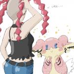 alternative_fashion anthro blue_eyes blush bracelet duo ear_piercing female hair jewelry makeup piercing pink_hair punk text unknown_artist nintendo pokemon punk_girl_(pokemon) audino generation_5_pokemon human mammal pokemon_(species) 1:1 digital_media_(artwork) english_text