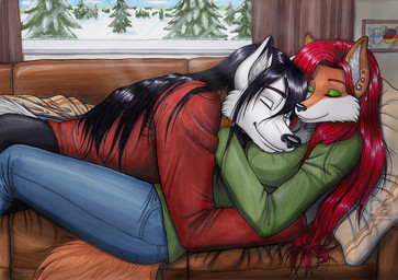 anthro anthro_on_anthro black_hair bottomwear brown_body brown_fur clothing cuddling curtains_open duo eyes_closed female fur furniture green_clothing green_shirt green_topwear hair inside lying male male/female on_back on_sofa pants pillow plant red_clothing red_hair red_shirt red_topwear shirt sleeping smile snow sofa tail topwear tree white_body white_fur window vani-fox vani-fox_(character) zachary_antireaper canid canine canis fox mammal wolf 2021 hi_res traditional_media_(artwork)