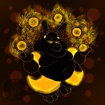 alternate_color anthro barazoku belly black_sclera duo floating fur glowing glowing_body glowing_eyes glyphs magic magic_user male micro nude orb orbs overweight overweight_anthro overweight_male simple_background size_difference smile solo yellow_eyes fujiyama_samoyed bumble_beans_(fujiyamasamoyed) arthropod bee canid canine deity hybrid hymenopteran insect mammal raccoon_dog tanuki 1:1 hi_res