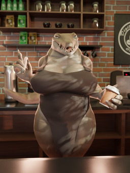 barista bedroom_eyes belly beverage big_breasts breasts coffee female narrowed_eyes seductive sharp_teeth solo store tail teeth thick_thighs mereo blender_cycles crocodile crocodilian reptile scalie blender_(artwork) digital_media_(artwork) hi_res