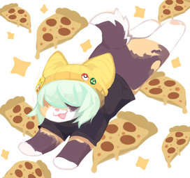 black_clothing black_topwear blue_hair brown_body brown_fur chibi clothed clothing dark_body dark_fur female feral food fur hair happy hat headgear headwear obscured_eyes open_mouth open_smile pink_nose pizza smile solo sparkles topwear unsigned white_body white_fur yellow_body yellow_clothing yellow_fur yellow_hat yellow_headwear corzh77 domestic_cat felid feline felis mammal digital_media_(artwork) full-length_portrait hi_res lineless portrait