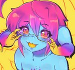 blue_body blue_skin blush eyewear female flat_chested freckles glasses hair head_arms looking_at_viewer monster_girl_(genre) multi_arm multi_limb not_furry open_mouth pink_eyes pink_hair simple_background smile solo yellow_sclera furbait_(artist) ctenophorae cteno humanoid monster 2022 absurd_res bust_portrait digital_media_(artwork) hi_res portrait