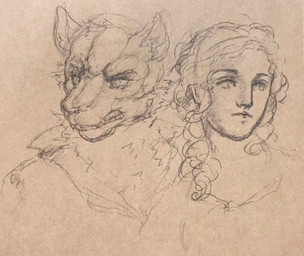angry anthro bottomwear clothed clothed_anthro clothed_female clothed_human clothed_male clothing duo ears_up eyebrows female fur hair jacket looking_aside male skirt teeth teeth_showing topwear reynard_goodfellow human mammal monochrome sketch