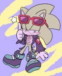 abstract_background anthro biped blue_eyes blush clothing eyewear footwear fur gloves green_body green_fur handwear jacket male scar shoes solo star sunglasses tongue tongue_out topwear sikai archie_comics sega sonic_the_hedgehog_(archie) sonic_the_hedgehog_(comics) sonic_the_hedgehog_(series) scourge_the_hedgehog eulipotyphlan hedgehog mammal