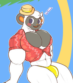 brush brushing clothed clothing male muscular muscular_male partially_clothed simple_background solo palchamon animal_crossing nintendo niko_(animal_crossing) grey_langur haplorhine langur mammal monkey old_world_monkey primate 2021 hi_res