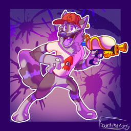 anthro clothed clothing digitigrade ear_piercing ear_ring ears_through_headwear fluffy fluffy_chest fluffy_tail fur grey_body grey_fur happy hat headgear headwear holding_object holding_weapon male multicolored_body multicolored_fur neck_tuft open_mouth orange_clothing orange_hat orange_headwear paint_splatter pantsless piercing pointy_ears purple_body purple_eyes purple_fur purple_nose purple_tongue ring_piercing shirt solo splattershot t-shirt tail teeth_showing tongue topwear tuft weapon roanimations nintendo splatoon dl_wolf_(dl2288) canid canine canis mammal wolf hi_res