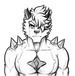 anthro dark_horn fur furrowed_brow hair hair_over_eye horn male muscular muscular_anthro muscular_male one_eye_obstructed pupils slit_pupils solo dynogreeno mammal hi_res monochrome