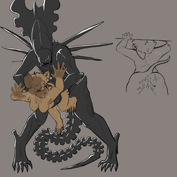 anthro anus big_ears big_nose black_body bodily_fluids body_hair breasts breath brown_body chest_hair clitoral clitoral_rubbing curly_hair drooling duo fangs female genital_fluids genitals hair held_up leaning_on_wall long_tail motion_lines panting pubes saliva simple_background simple_coloring standing steam tail teeth thin_tail vaginal_fluids vulva carameltsi alien_(franchise) ti-ti alien bat mammal xenomorph xenomorph_queen 1:1 hi_res
