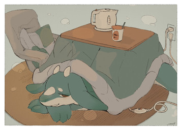 3_fingers ambiguous_anthro ambiguous_gender anthro armchair bedding blanket border chair circle_eyebrows claws container eyebrows eyes_mostly_closed finger_claws fingers floppy_ears food furniture futon green_body grey_background heat_(temperature) heated horn kemono kotatsu lying narrowed_eyes noodles on_front open_mouth open_smile outlet pillow plug ramen red_eyes relaxing simple_background smile snout solo steam table tail thick_tail white_body white_border white_eyebrows sme4 mythology dragon mythological_creature mythological_scalie scalie 2026 hi_res japanese_description watermark