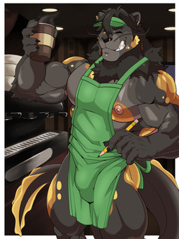 anthro apron apron_only barista bulge clothing coffee_shop ears_pierced facial_piercing male muscular muscular_anthro muscular_male nose_piercing piercing solo spots tail sirwolfybuns llyr_(ctac) amur_carp aquatic carp cyprinid cypriniform felid fish humanoid hybrid koi lion mammal pantherine typical_carp 3:4 absurd_res hi_res