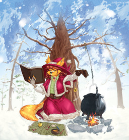 apple bag baubles bedding belt blanket blue_sky book boots chain christmas_clothing clothed clothing cooking cutlery day detailed_background ear_piercing evergreen_tree eyewear facial_piercing female fire fish_eye_view fisheye_lens food footwear fruit glasses gloves handwear hat headgear headwear holidays jewelry kitchen_utensils kneeling looking_at_book looking_at_object necklace nose_piercing on_ground orange_body ornament outside piercing pine_tree plant potion reading reading_book rock shirt shoes sky smoke snow solo spices spoon tape tools topwear towel tree winter witch_hat wood g0ni25 christmas kadri_(nedwardo) canid canine canis domestic_dog mammal 2025 absurd_res hi_res signature