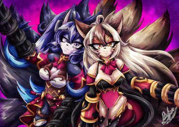 accessory amber_eyes anthro armwear black_nose blue_body blue_eyes blue_fur clothed clothing duo female fox_ears fur gatling_gun gun gun_arm hair_accessory hairclip legwear leotard looking_at_another looking_at_viewer machine_gun minigun multi_tail partially_clothed ranged_weapon tail tan_body tan_fur thigh_highs weapon weapon_arm yukariasano kyuboha_the_kitsune siem_the_kitsune canid canine fox mammal