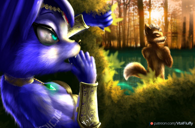accessory anthro armor bandeau black_nose blue_body blue_eyes blue_fur blue_hair bracers breasts clothing creek duo female fluffy forest fur gem hair hair_accessory jewelry markings midriff navel necklace nude plant short_hair skinny_dipping spaulder spying sunset surprised text topwear tree tribal voyeur water white_body white_fur worried v-tal nintendo star_fox fox_mccloud krystal_(star_fox) canid canine fox mammal digital_media_(artwork) half-length_portrait hi_res portrait url